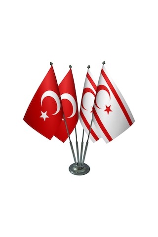 Masa Üstü KKTC Kuzey Kıbrıs Bayrağı Türk Bayrağı Dörtlü Krom Dire