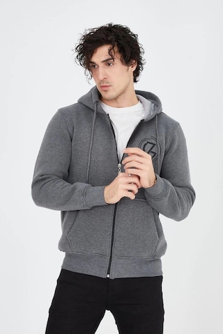 Vexor Erkek 3 İplik Pamuklu Fermuarlı Kapüşonlu Kanguru Cepli Baskılı Hoodie Hırka Sweatshirt - Füme 4118168