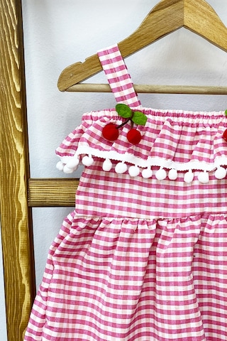 Kız Çocuk Askılı Elbise Dantelli Ekose Desenli B14 Pembe
