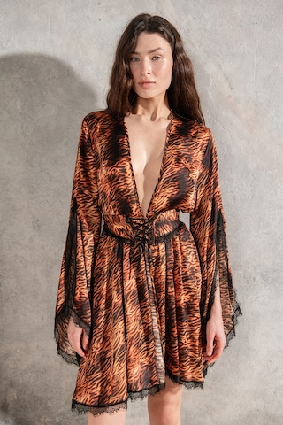 Lioran Desenli Dantel Detaylı Kısa Saten Sabahlık / Kimono Çok Renkli