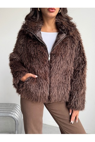 Verymoda Yapay Kürk Kadın Ceket Fermuarlı, Yumuşak Dokulu Modern Kışlık Mont F2037 Koyu Kahve