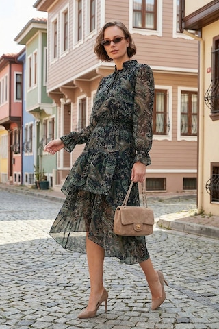 Lela Regular Fit Yaka Detaylı Volanlı Şifon Midi Bayan Elbise 611El1448 Yeşil