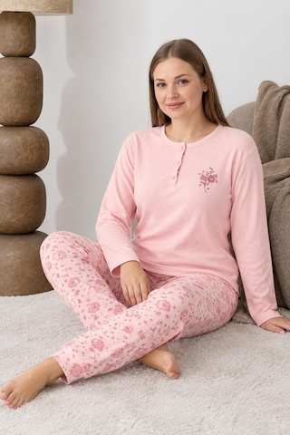 Boyraz Lindros Kadın Düğme Yaka Raporlu İnterlok Kışlık Battal Pijama Takımı 0330 - 1 Adet Pembe