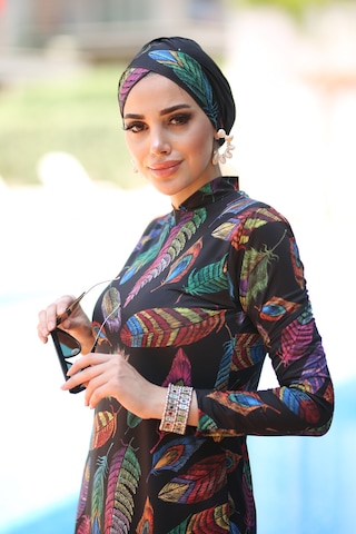 Remsa Mayo Liralı Tam Kapalı Tesettür Mayo Tüy Yapraklı 2013 Tuğba Siyah