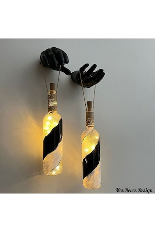 Siyah Heykel El Dekorlu Pilli Led Işıklı Vitray Cam Şarap Şişesi Çok Renkli