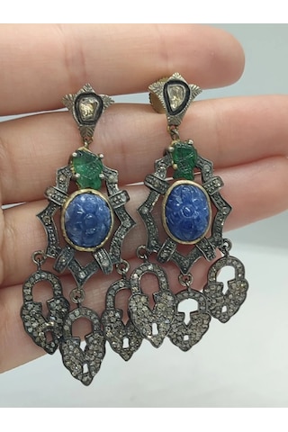 Allahverditürkmen 925 Gümüş Zümrüt Safir Elmas Küpe 276