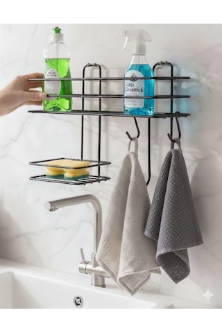 Yapışkanlı 2 Kanca 1 Sabunluk Askılı Banyo Rafı Duş Şampuanlık Duvar Düzenleyici Organizer Siyah