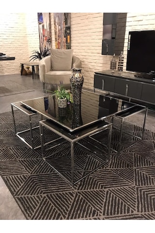 Kante Metal Crom Kaplama Füme Aynalı Siyah Camlı Orta Sehpa 4+1