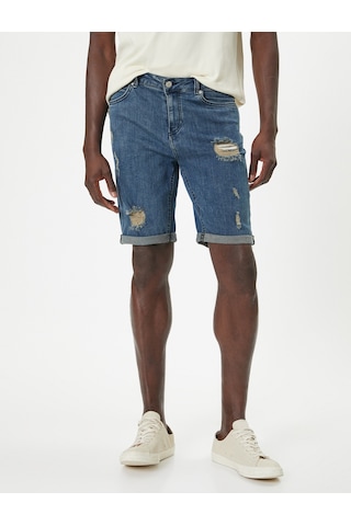 Koton Slim Fit Kot Şort Yırtık Bermuda Cep Detaylı Katlı Paça Pamuklu Petrol 4sam40099nd Petrol