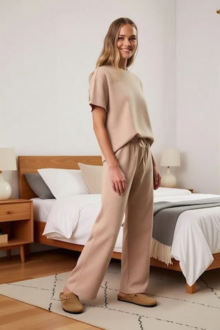 Benerly Kadın Bisiklet Yaka Standart Kol Waffle Örme Pijama Takımı Fonksi Açık Bej