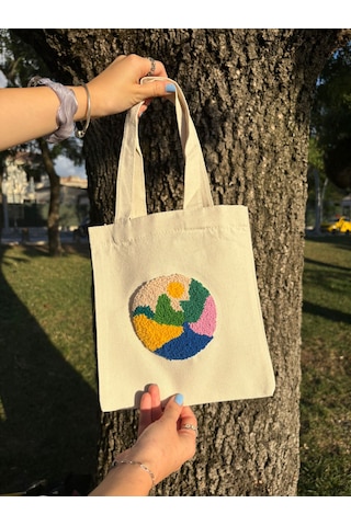 Bolergıashop Cıena Tasarım Canvas Omuz Çantası Bej - Beyaz - Yeşil Punch İşleme Bolergıashop Cıena Tasarım Canvas Omuz Çantası Bej - Beyaz - Yeşil Punch İşleme