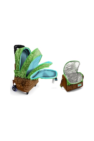 Coral High Işıklı Tekerlekli Çekçek Okul Çanta + Isı Yalıtımlı Beslenme Çantası - Erkek Çocuk - Yeşil Kahverengi Craft Çok Renkli