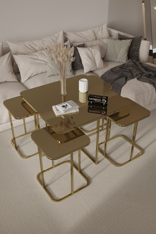 4+1 Gold Kaplama Bronz Ayna Radüslü Orta Sehpa