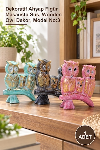 1 Adet Ahşap Baykuş Figürleri Dekoratif Ahşap Figür Masaüstü Süs, Wooden Owl Dekor, Model No:3