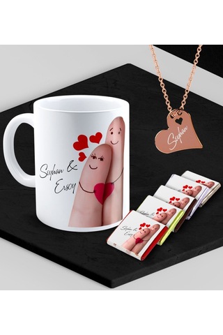 Kişiye Özel Sevgililer Temalı Kupa Madlen Çikolata Ve Rose Kalp Kolye Set - 86