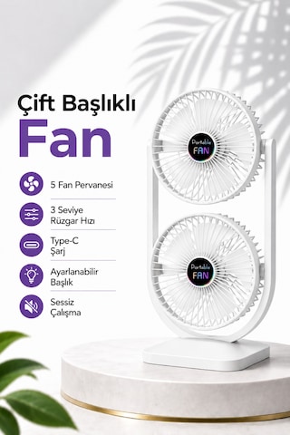 Çift Başlıklı Fan Şarjlı Masaüstü Vantilatör Soğutucu Type-c Girişli, 3 Kademeli - Ayarlanabilir Başlık