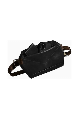 Ryoko S Pore Premium Full Grain Deri Sling Çapraz Vücut Çantası Çapraz Çanta Siyah 2