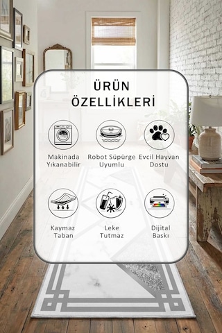 Klasik Silver Mermer Yıkanabilir Yolluk Açık Gri