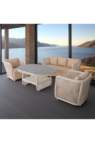 Psine Üçlü Rattan Bahçe Oturma Grubu 3+1+1+sehpalı Bahçe Takımı