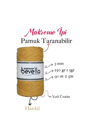 Taranan Makrome Ipi 3mm Taranabilir Pamuk Tek Büküm Makrome Ipi Hardal