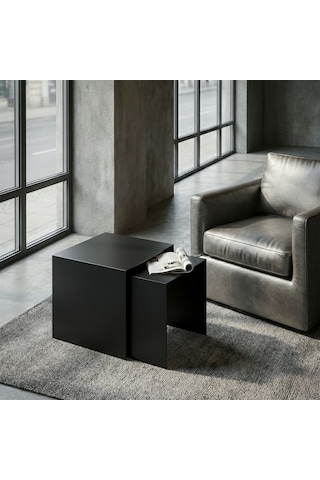 Modern Metal Zigon Sehpa Seti Minimal Tasarım İç İçe Geçen Yan Sehpa 2 Li Set Siyah