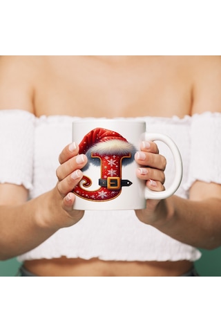 J Harfi Yılbaşı Temalı Bardak 330 Ml Harfli Kişiye Özel Hediye - Yeniyıl / Noel Şapka Tasarım Beyaz