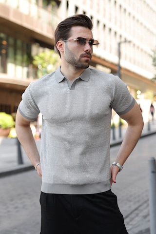 Madmext Gri Polo Yaka Regular Fit Erkek Triko Tişört E7496