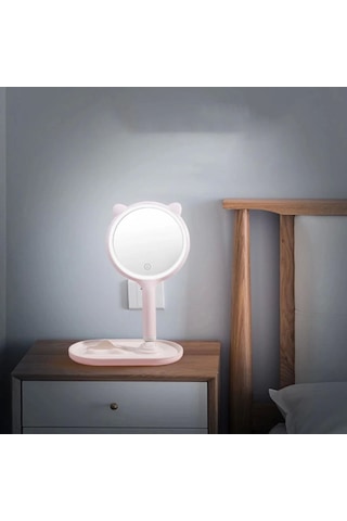 Kedi Kulaklı Telefon Standlı Yuvarlak Dokunmatik Led Ayarlı Masa Üstü Makyaj Aynası