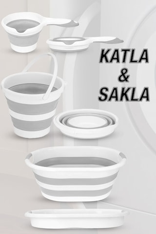 4'lü Set - 90 Lt İki Bölmeli Kirli Çamaşır Sepeti Katlanabilir Sepet Akordiyon Su Kovası Maşrapa Gri Gri