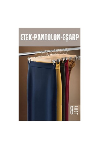 8 Adet Ahşap Pantolon Etek Askısı - Ayarlanabilir Gümüş Mandallı 36cm Organizer Set 719305 Siyah