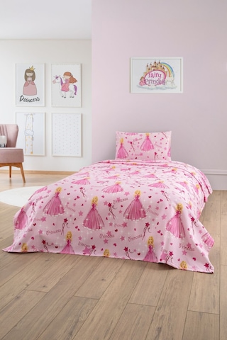 Gofret Detaylı Prenses Baskılı Çocuk-genç Odası Tek Kişilik Pike Pembe