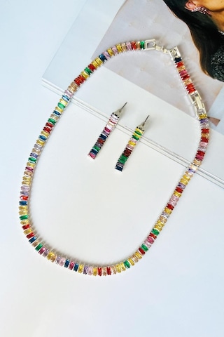 Allmisse Silver Zirkon Taşlı Baget Çok Renkli Su Yolu Bijuteri Takı Seti - Parlak Silver