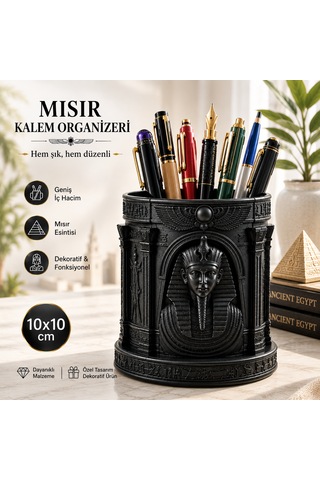 Antik Mısır Temalı Dekoratif Kalemlik Organizer Antik Mısır Tasarımlı Masaüstü Kalem Düzenleyici 10x10 Cm Siyah