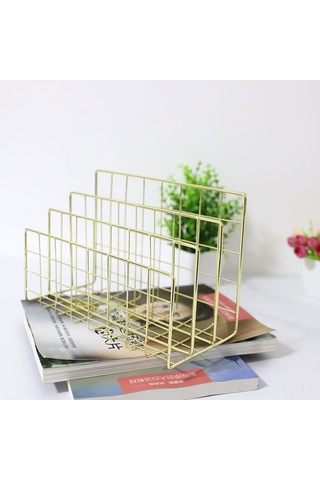 Ximistore9 Altın Renkli Metal Kitaplık - Üç Bölmeli Ev Dekorasyonu Ve Belge Saklama Rafı - Ev Kullanıma Uygun, Dayanıklı Malzeme Altın