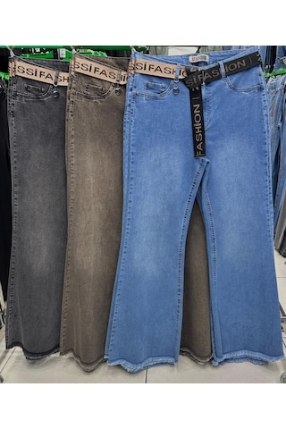 Zanessi Büyük Beden Toparlayıcı Kemerli Bol Paça Denim Kadın Pantolon Siyah