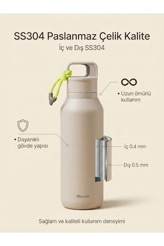 Çelik Termos 560 Ml Paslanmaz Çelik Çift Duvarlı Sızdırmaz Kapaklı Askılı Taşınabilir Sıcak Soğuk Termos - Bej