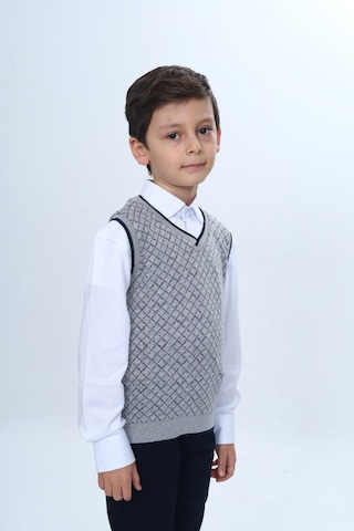 Toontoy Kids Toontoy Erkek Çocuk Regular Fit V Yaka Kare Desenli Okul Süveter - Garni & 2 İplik Gri
