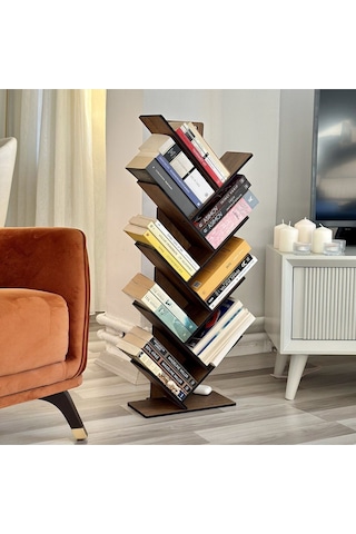 Mk10 - Geometrik 8 Raflı Ağaç Kitaplık Ceviz