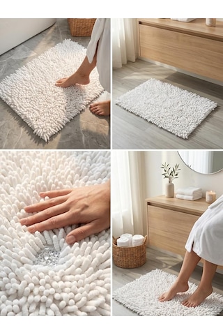 Şönil Banyo Paspası, Mikro Elyaf, Beyaz, 40x60 Cm Banyo Halısı, Uzun Tüylü, Yüksek Emicilik, Makinede Yıkanabilir Beyaz