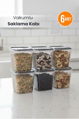 6'lı Şeffaf Sızdırmaz Vakumlu Erzak Saklama Kabı Bakliyat Saklama Kutusu 1,6 L Şeffaf