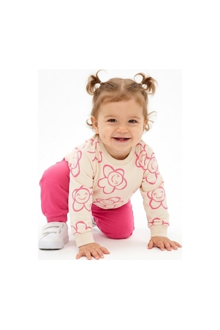 HelloBaby Pamuklu Çiçek Detaylı 2li Kız Bebek Takım Fuşya