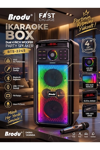 Bts-2245 Çift 4" 80w Woofer Kablosuz Karaoke Parti Hoparlörü Rgb Işıklı, Kablosuz Mikrofonlu