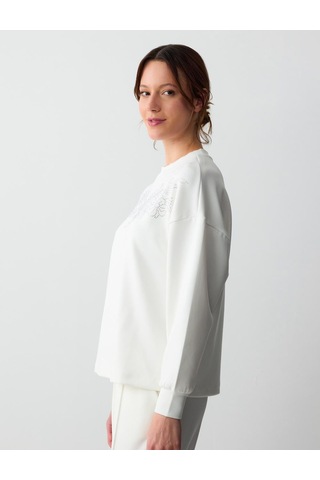 Jimmy Key Jimmy Key Beyaz Bisiklet Yaka Uzun Kollu Çiçek Desenli Örme Sweatshirt 5sw232779100