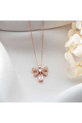 Vaoov 925 Ayar Gümüş Pembe Baget Taşlı Kalpli Kurdele Kolye Rose
