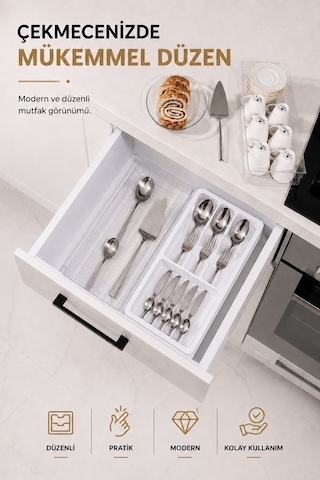 Çekmece İçi Kaşıklık Organizer Bölmeli Mutfak Düzenleyici Beyaz S-11030