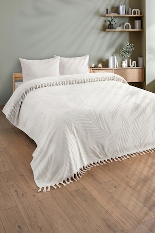 Çift Kişilik Saçaklı Havlu Yatak Örtüsü - %100 Pamuk & Yumuşak & Saçaklı Pike - 200x220 Cm-ekru Ekru