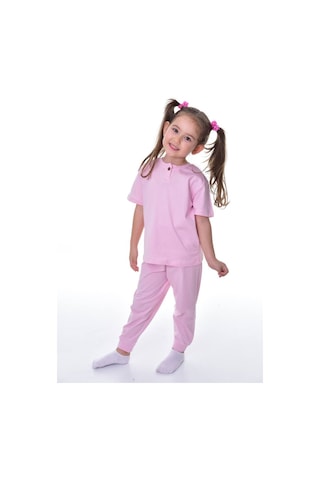 %100 Pamuk Penye Kumaş Düğmeli Sade Terletmeyen Kız Çocuk Yazlık Pijama Takımı Pembe