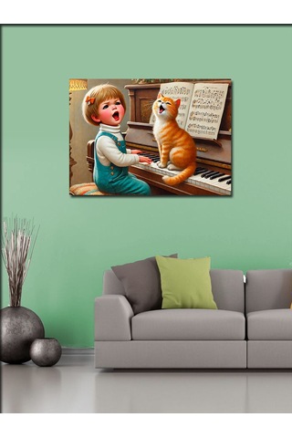 Kanvas Tablo Piyanist Kız Ve Kedi 100cmx140cm