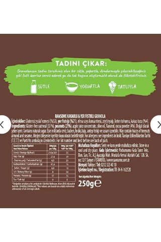 Glutensiz Yerfıstıklı Kakaolu Granola 250 G