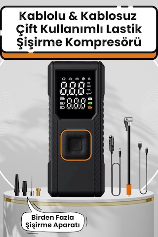 Dijital Göstergeli Led Işıklı Taşınabilir 4500mah Araç Lastik Şişirme Hava Kompresörü Siyah